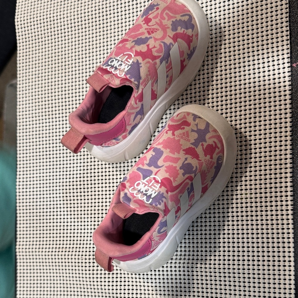 ADIDAS MONOFIT Kids Pink & Purple dinosaur Slip-On Sneakers